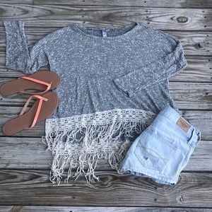 Long Sleeve Top w/ Lace Tasseled Trim